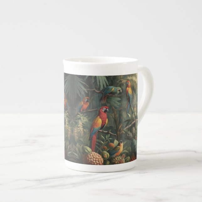 Tasse En Porcelaine Scène botanique de perroquets et ananas (Devant droit)