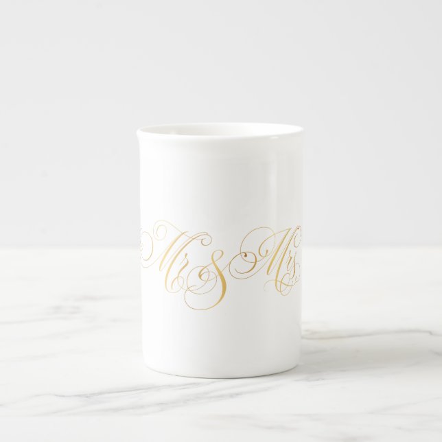 Tasse En Porcelaine Script classique tourbillonnant Mr & Mrs Gold Blac (Devant)