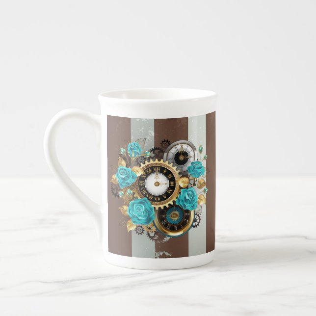 Tasse En Porcelaine Steampunk Clock and Turquoise Roses on Striped (Gauche)