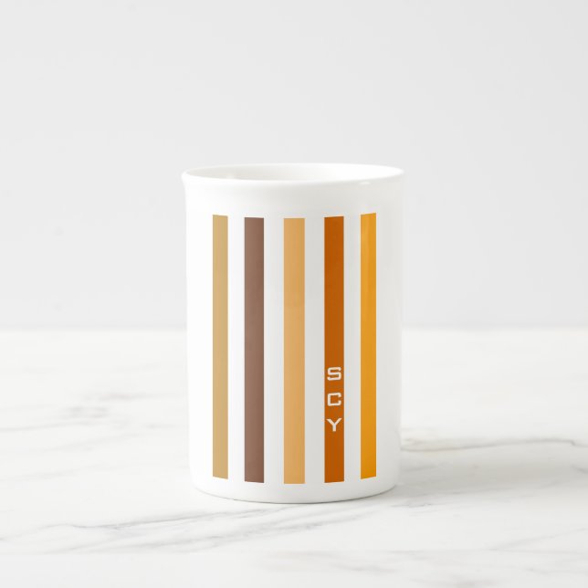 Tasse En Porcelaine Tan Brown Orange Vertical Stripes Monogramme (Devant)