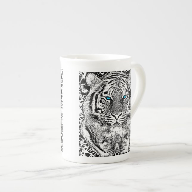 Tasse En Porcelaine Visage sauvage de tigre d'yeux bleus noirs et (Devant droit)