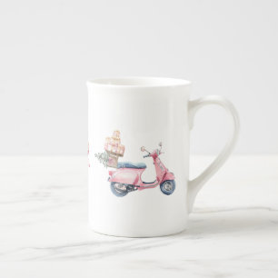 Tasse En Porcelaine Voyage de Noël en scooter rose