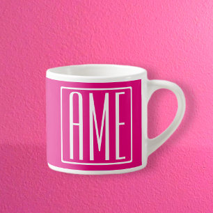 Tasse Expresso 3 Initiales Monogramme   Blanc sur rose chaud