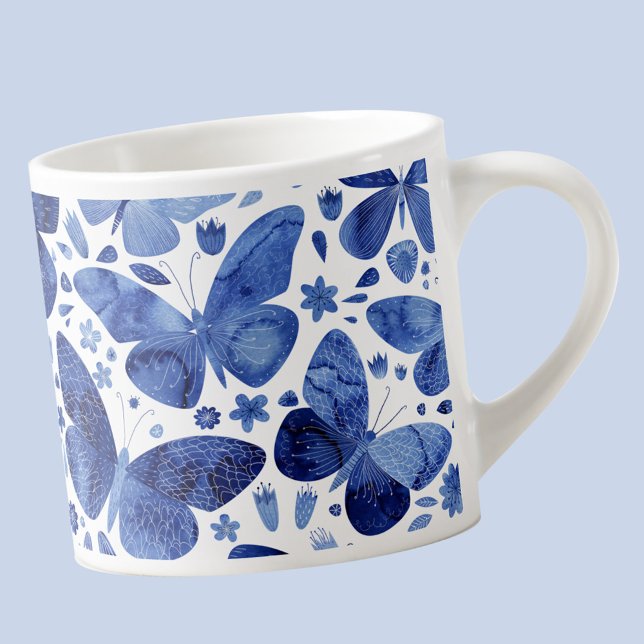 Tasse Expresso Aquarelle papillon Indigo Blue (Indigo navy blue and white watercolor butterfly pattern  espresso cup)