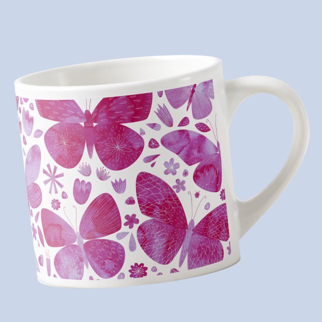Tasse Expresso Aquarelle papillon rose (Hot magenta pink and white watercolor butterfly pattern  espresso cup)