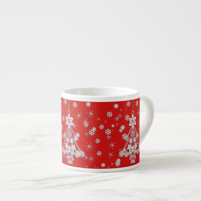 Tasse Expresso Arbre de Noël blanc orné et flocons de neige (Devant droit)