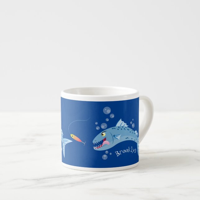 Tasse Expresso Barracuda poisson affamé de la pêche dessin animé (Devant droit)
