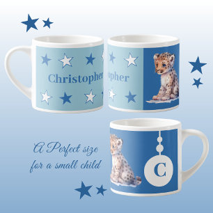 Tasse Expresso Bouge léopard pour enfants nom personnalisé bleu