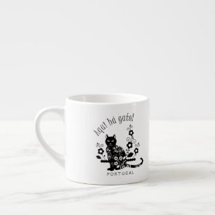Tasse Expresso Chat noir avec fleurs et expression portugaise