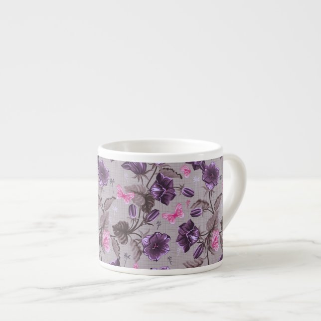 Tasse Expresso cloches de main violettes et motif de papillons (Devant droit)