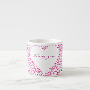 Tasse Expresso Coeur floral en blanc rose avec nom