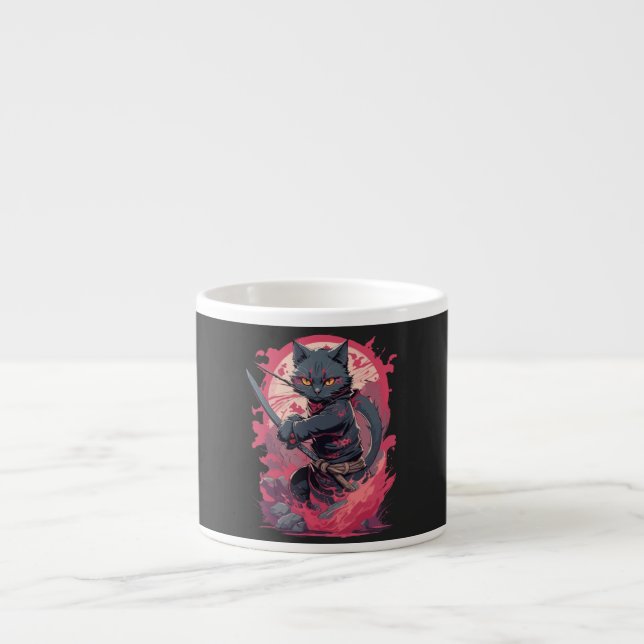 Tasse Expresso Cute Fire Splash Noir Ninja Chat Guerrier (Devant)