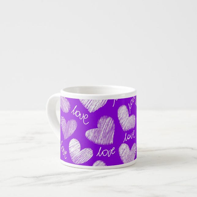 Tasse Expresso Cute violet blanc Scribblé Coeur avec script d'amo (Devant gauche)