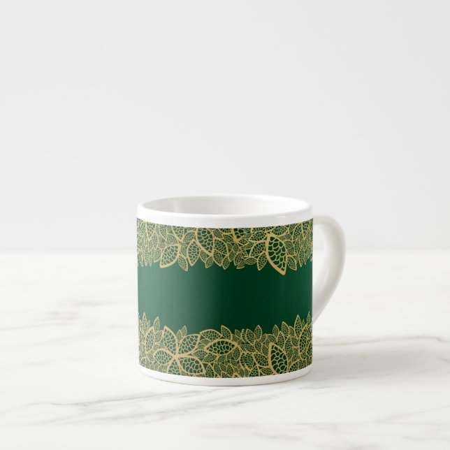 Tasse Expresso Dentelle d'or de feuille sur l'arrière - plan vert (Devant droit)