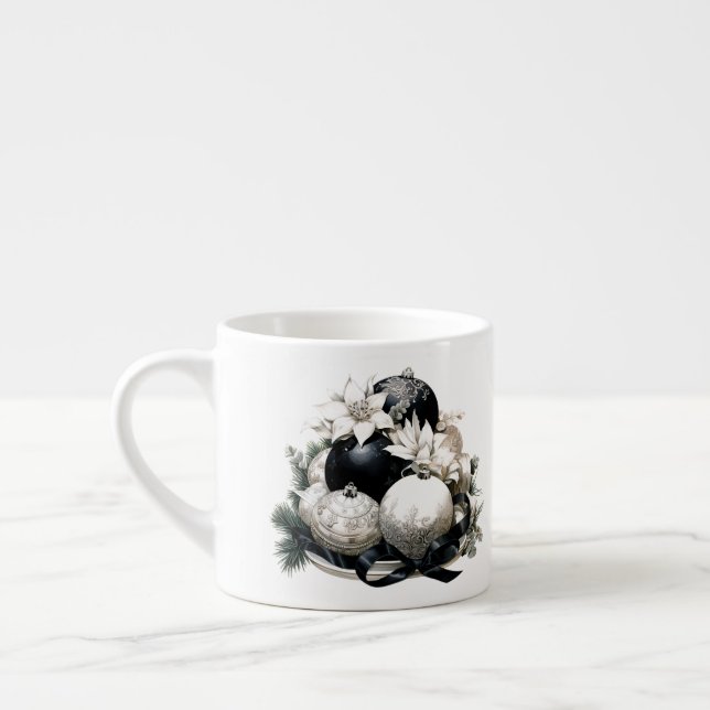 Tasse Expresso Élégant ornement de Noël en ivoire noir et blanc (Gauche)