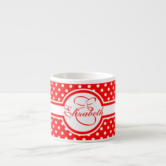 Tasse Expresso Élégants Pois blancs sur Monogramme rouge (Devant)
