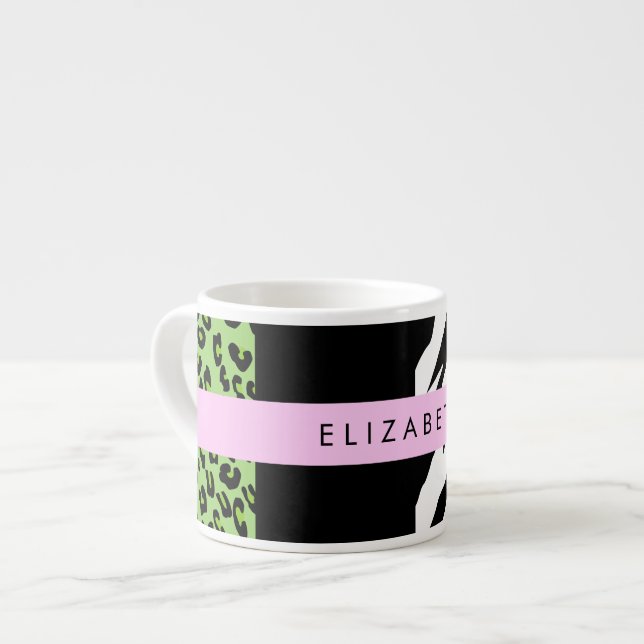 Tasse Expresso Empreinte de léopard, Zebra Print, Vert, Votre nom (Devant gauche)