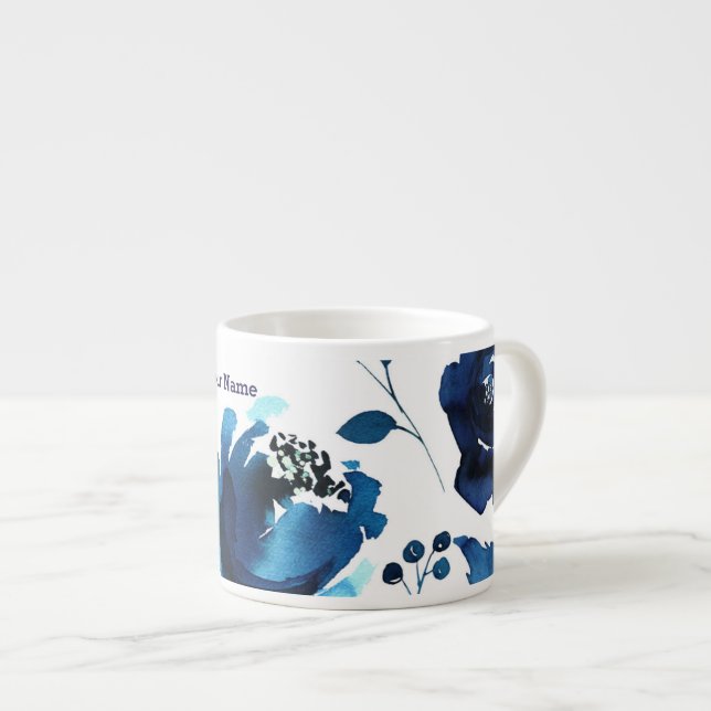 Tasse Expresso Fleurs d'aquarelle Florale Bleu Élégant Personnali (Devant droit)