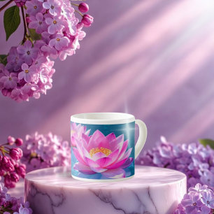 Tasse Expresso Fleurs de lotus roses flottant sur de l'eau bleu c