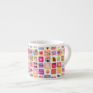 Tasse Expresso fleurs mignonnes, oiseaux, motif de carrés de