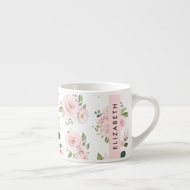 Tasse Expresso Fleurs roses, Roses, Fleurs Aquarelles, Votre Nom (Droite)