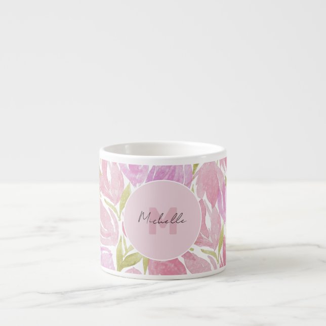 Tasse Expresso Floral Fuchsia Aquarelle rose Monogramme (Devant)