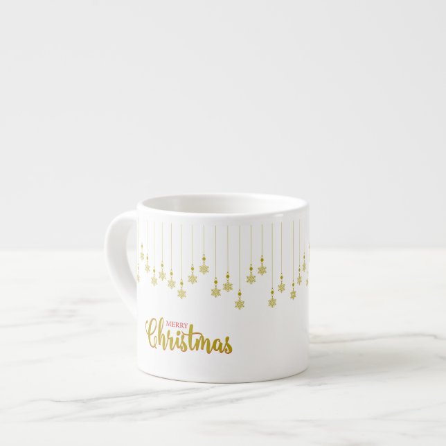 Tasse Expresso Golden Snowflakes with Merry Christmas Quote (Devant gauche)