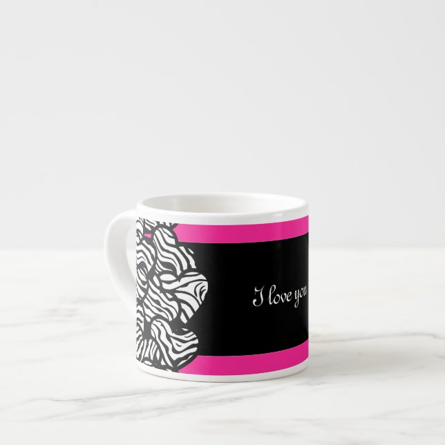Tasse Expresso Je t'aime rose noir blanc zèbre coeur motif (Devant gauche)
