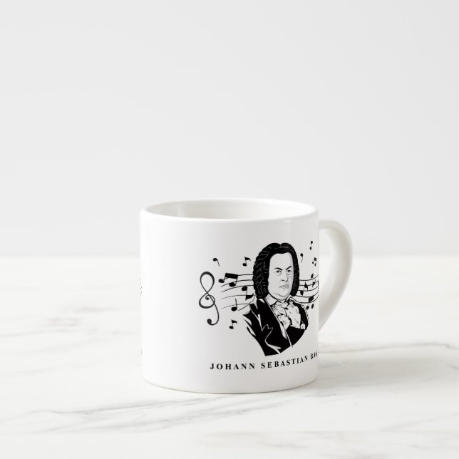 Tasse Expresso Johann Sebastian Bach Portrait et buste avec notes (Devant droit)
