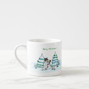 Tasse Expresso Joyeux Noël ! Snowman avec chat et chiot