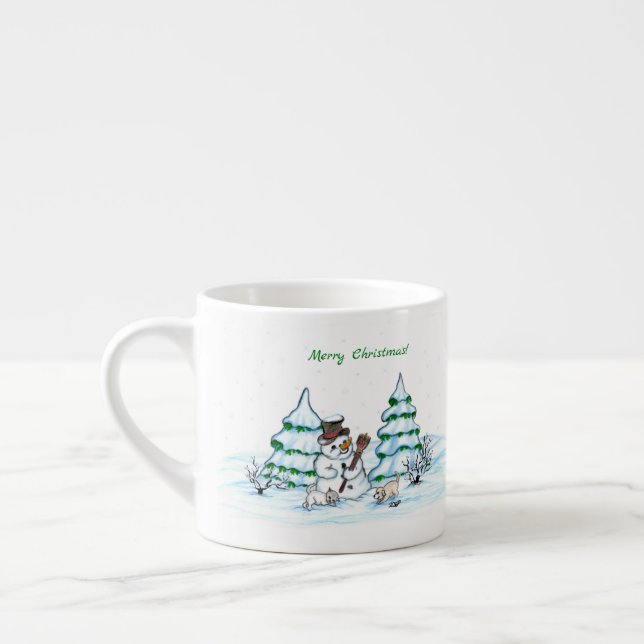 Tasse Expresso Joyeux Noël ! Snowman avec chat et chiot (Gauche)
