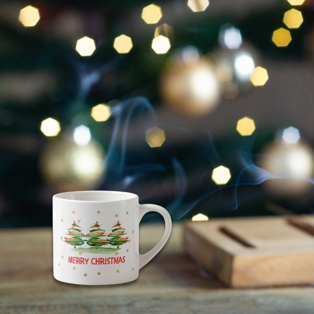 Tasse Expresso Joyeux Xmas Aquarelle Arbres - Cadeau de vacances (Créateur téléchargé)