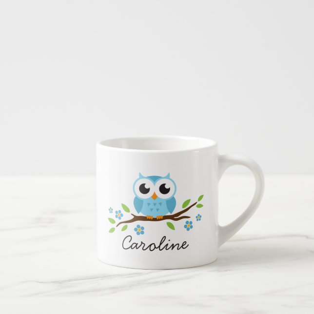 Tasse Expresso Le hibou bleu mignon sur la branche florale a (Droite)