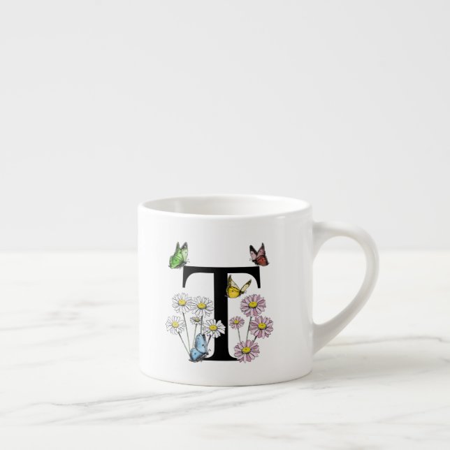 Tasse Expresso Lettre T Monogramme Papillon Floral Initiale  (Droite)