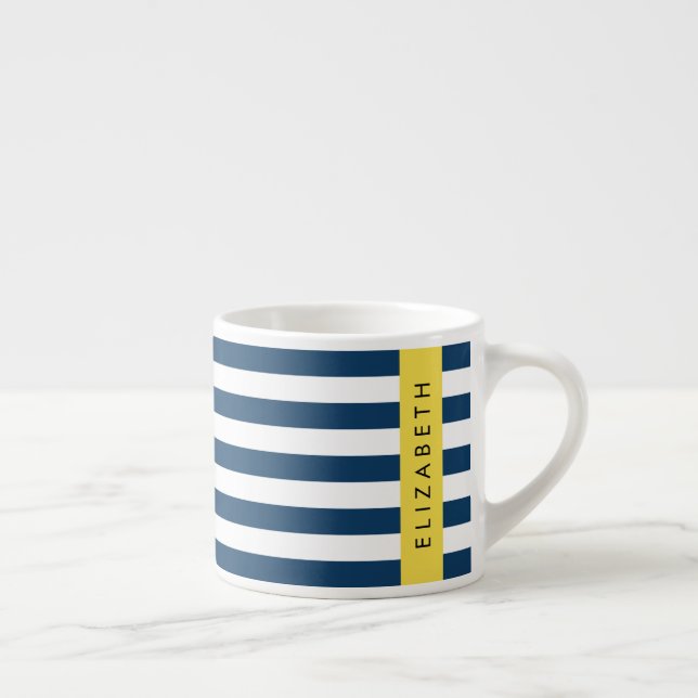 Tasse Expresso Marine Blue Stripes, Motif rayé, Votre nom (Droite)