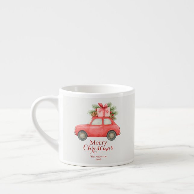 Tasse Expresso Merry Christmas Red Car – Personalized Holiday  (Gauche)