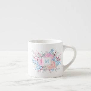 Tasse Expresso Monogramme Bouquet d'aquarelle Roses roses Bleues