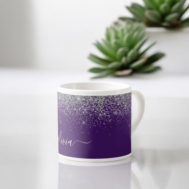 Tasse Expresso Monogramme de nom de fille pailleté argent violet (Créateur téléchargé)
