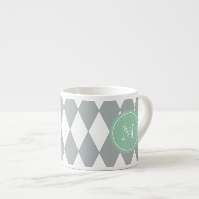 Tasse Expresso Motif de harlequin de blanc gris, monogramme vert (Devant droit)