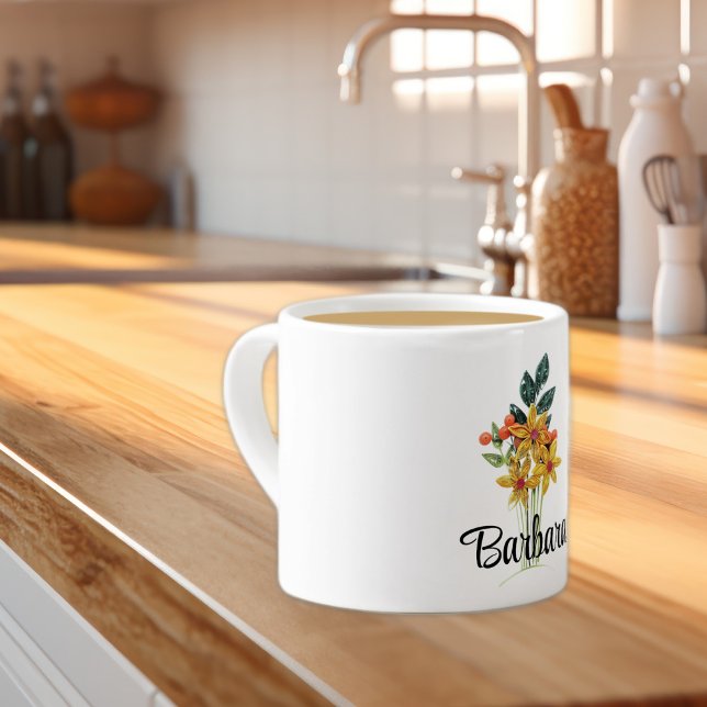 Tasse Expresso Nom Initiales ou Texte, Papier Fleurs quadrillées  (Créateur téléchargé)