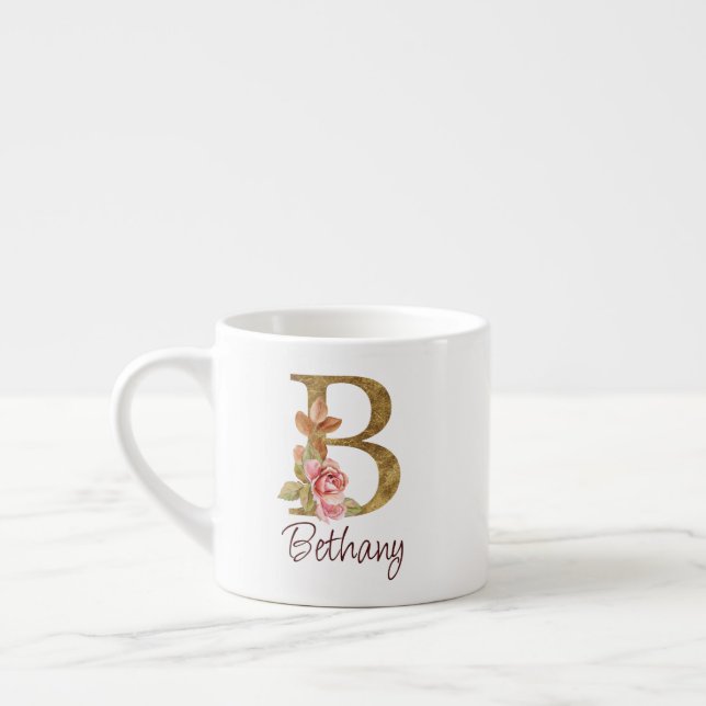 Tasse Expresso Nom personnalisé Blush Roses Rose lettre B feuille (Gauche)