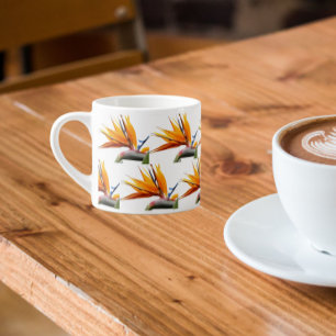 Tasse Expresso Orange Bird of Paradise Plante Motif en blanc
