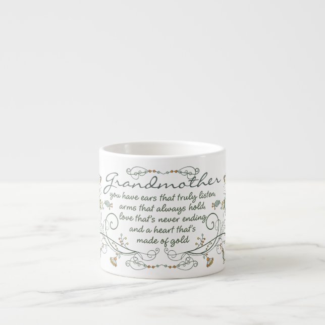 Tasse Expresso Poème de grand-mère avec des oiseaux (Devant)