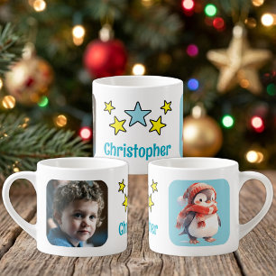 Tasse Expresso Pour les enfants photo nom manchot Noël bleu