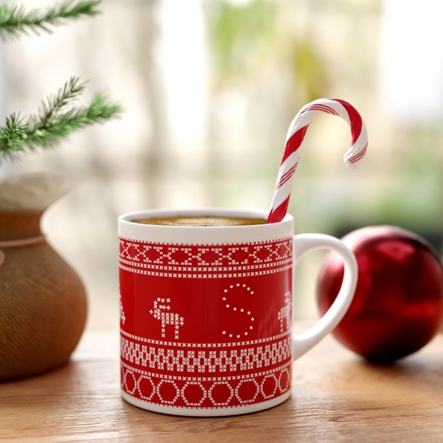 Tasse Expresso Red Nordic Reindeer Festive Noël Espresso Cup (As you sip your favorite espresso, let the holiday cheer fill your heart.)