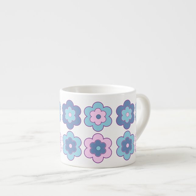 Tasse Expresso Retro Bubble Flowers (Pink and Blue) Pattern (Devant droit)