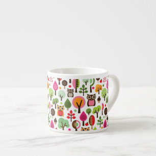 Tasse Expresso rétro motif de hibou d'arbre rose de feuille