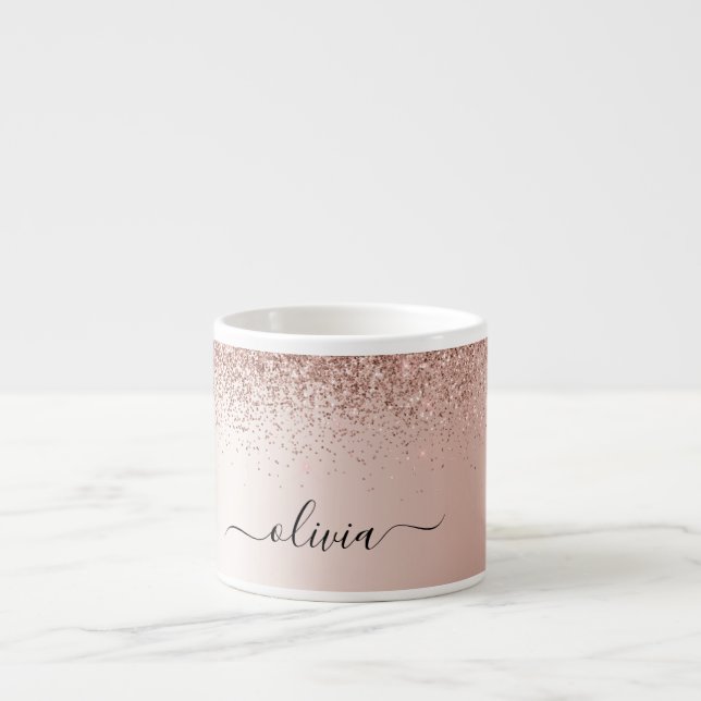 Tasse Expresso Rose Gold - Rose Pâle Pailleté Monogramme Nom (Devant)