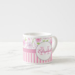 Tasse Expresso Rose pastel, violet, fleurs, rayures roses et blan