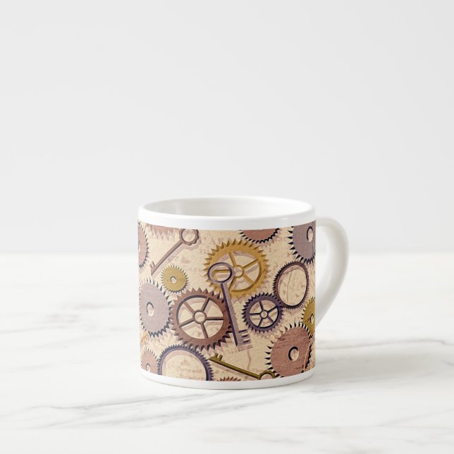Tasse Expresso Roues à vapeur, engrenages, clés, vieille carte Pe (Devant droit)